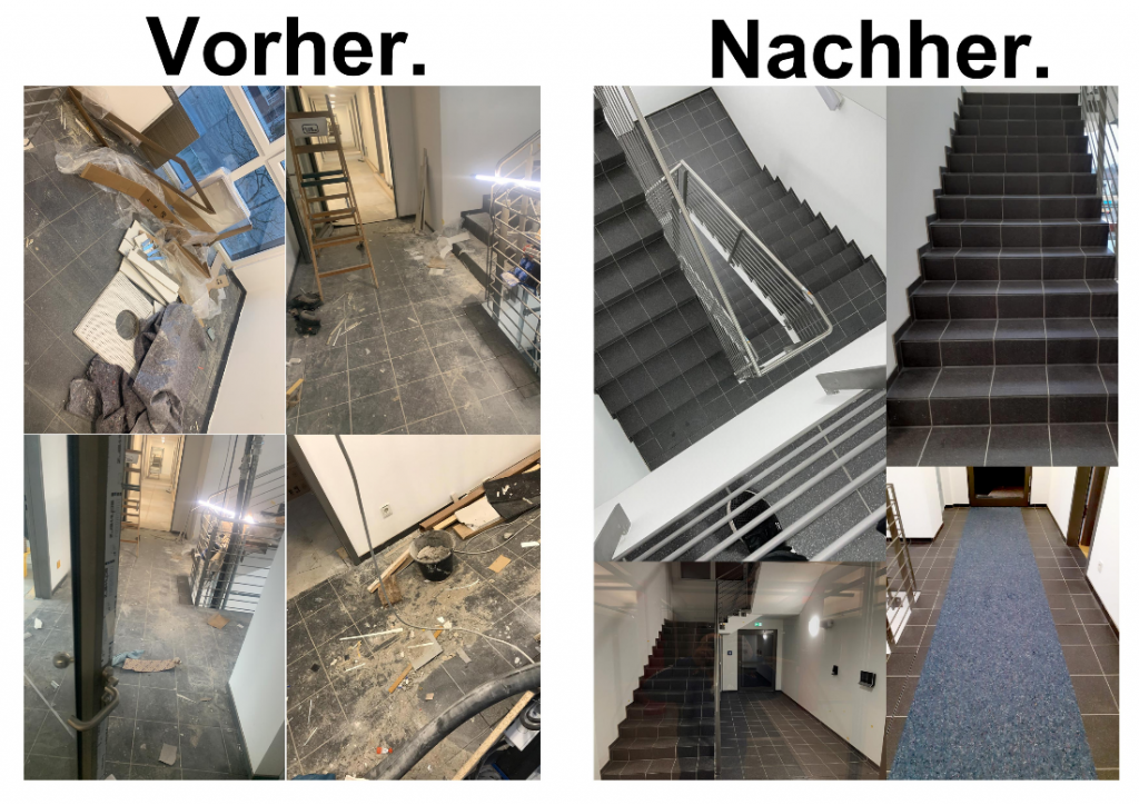 Vorher-Nachher Bild einer professionellen Baureinigung von HAMAG Service – inklusive Baufeinreinigung und Bauendreinigung in Hamburg und Umgebung