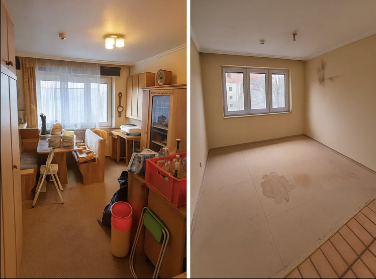 Vorher-Nachher Bild einer professionellen Entrümpelung durch HAMAG Service in Hamburg – schnelle, saubere und zuverlässige Räumung von Gewerbeobjekten
